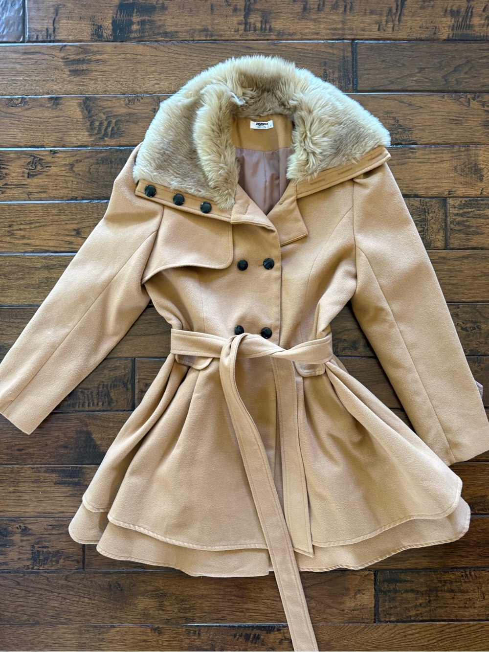 Faux-Fur Trim Camel Belted Peacoat Jacket